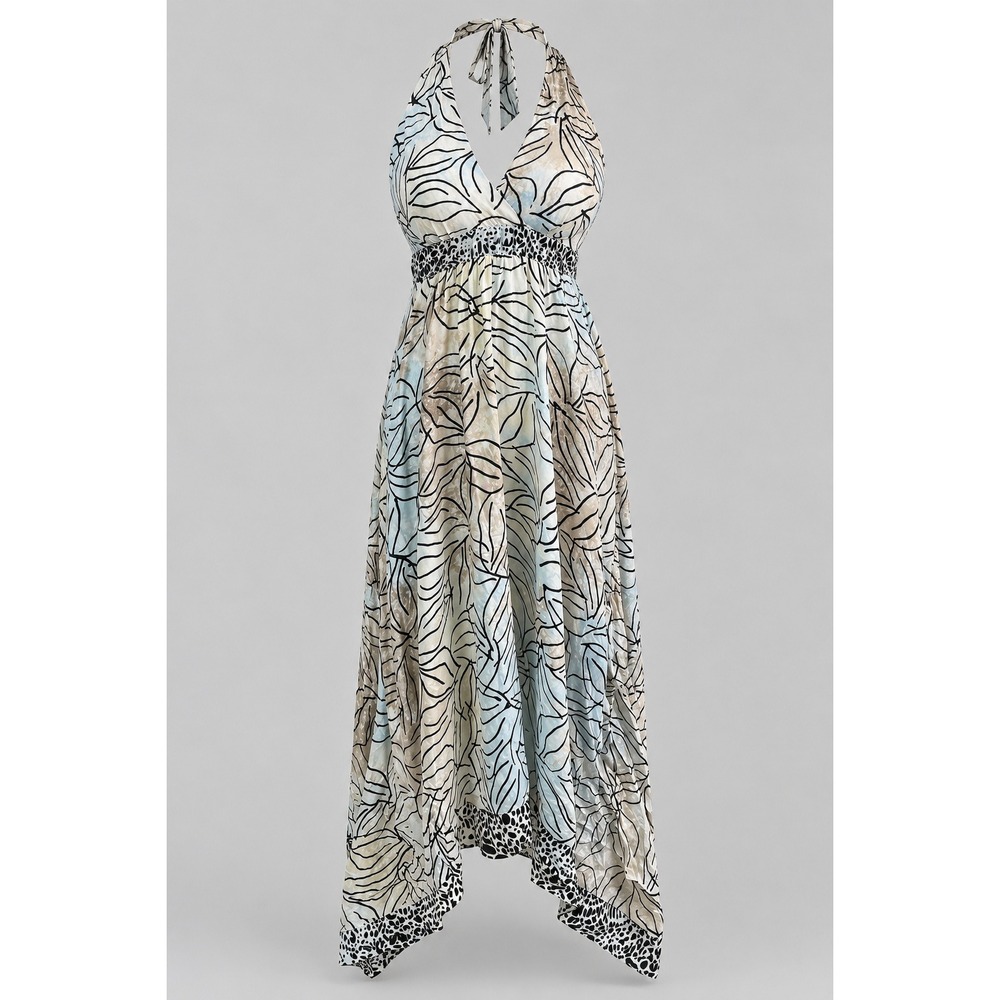 Blue Tan Abstract Leaf Print Halter Handkerchief Hem Dress Smocked Back